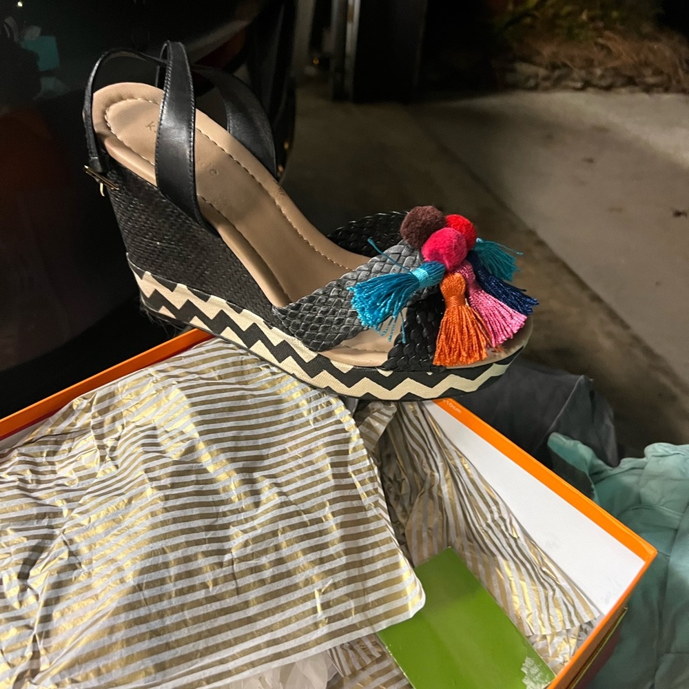 Kate Spade Delancey multicolor Wedges Chevron and Pom size 11 New in Box